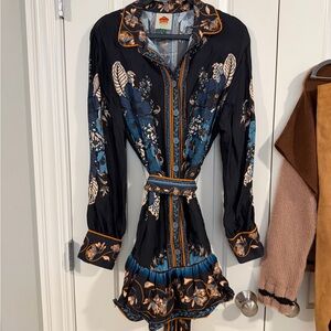 FARM Rio Black Floral Long-Sleeve Belted Dress with Blue and Cream Accents